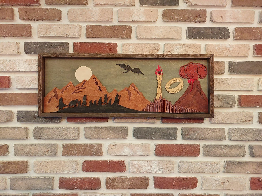 Handmade 3D Wooden Wall Art - Layered Volcano Silhouette Home Decor or Game Room