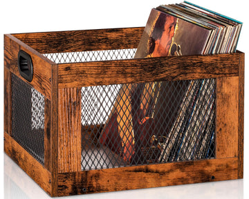 Vinyl Record Storage Crate Wooden Record Holder, Classic Cube Record Organizer Storage 100+ Records, Brown Color