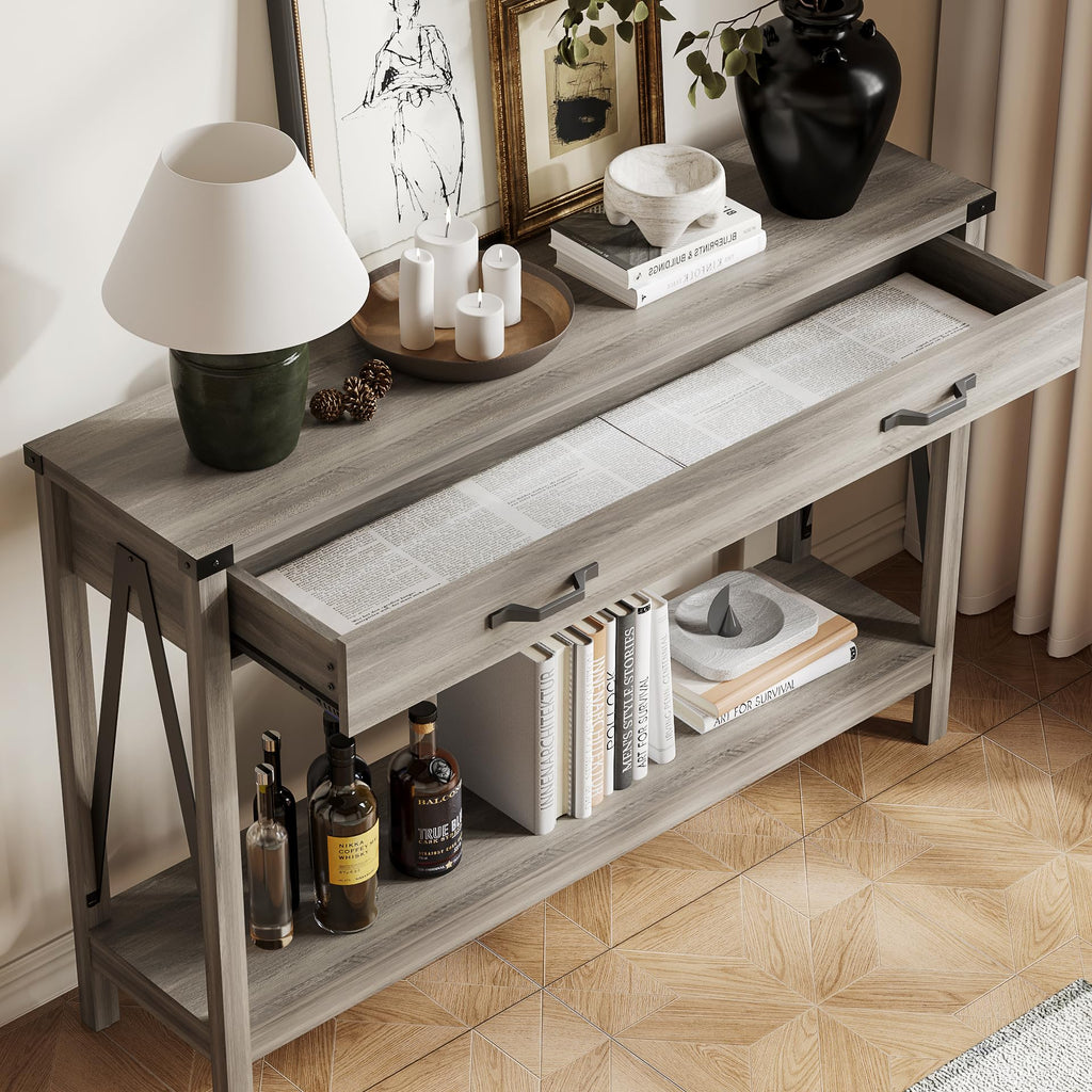 47 Inch Farmhouse Console Table with Drawer and Storage Shelf