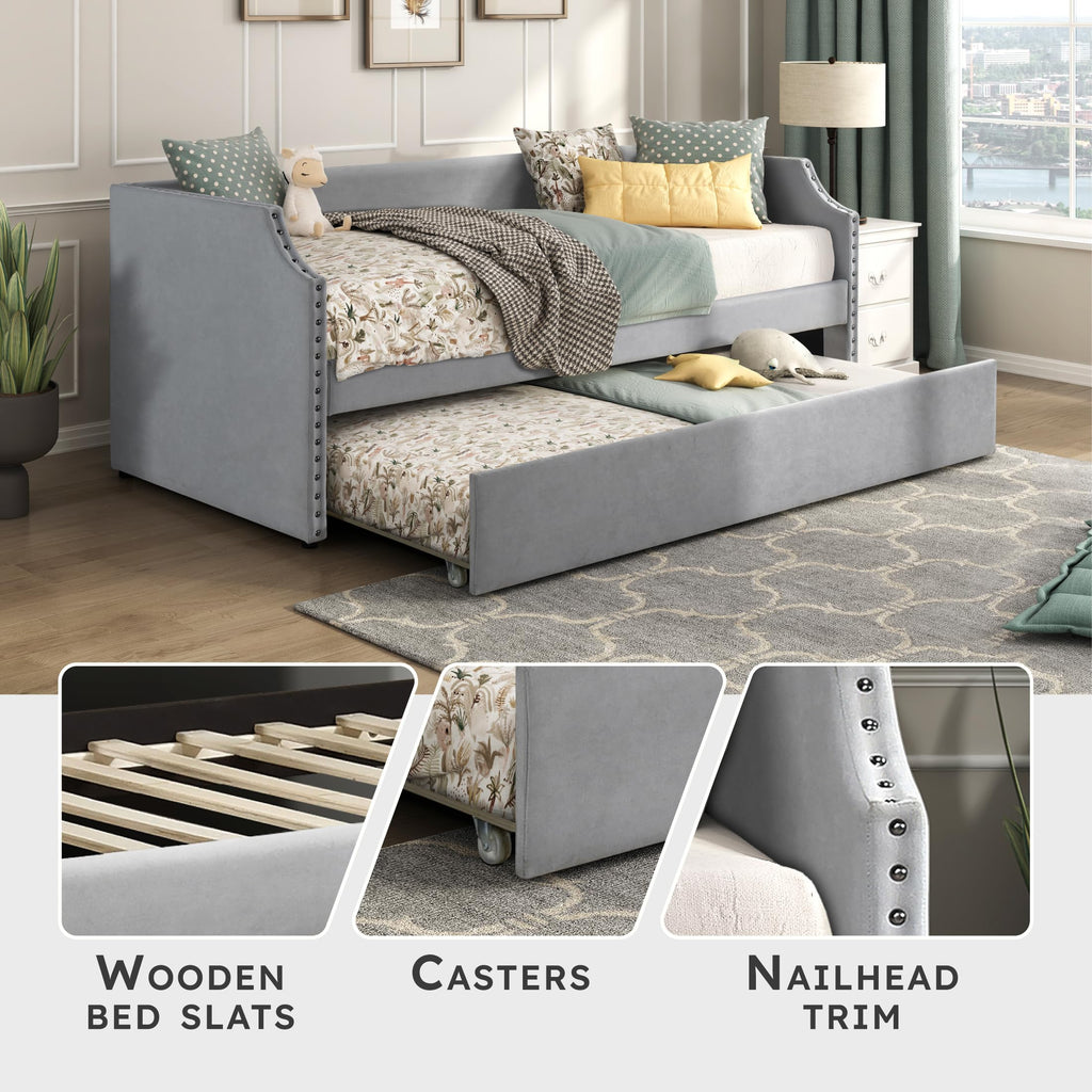 Twin Daybed with Trundle, Nailhead Trim, Fabric, Gray