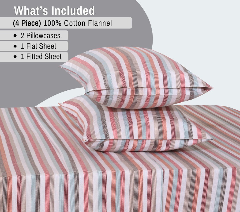 100% Cotton Flannel Sheets King Size, 4 PCs, Multi Chevron Stripe