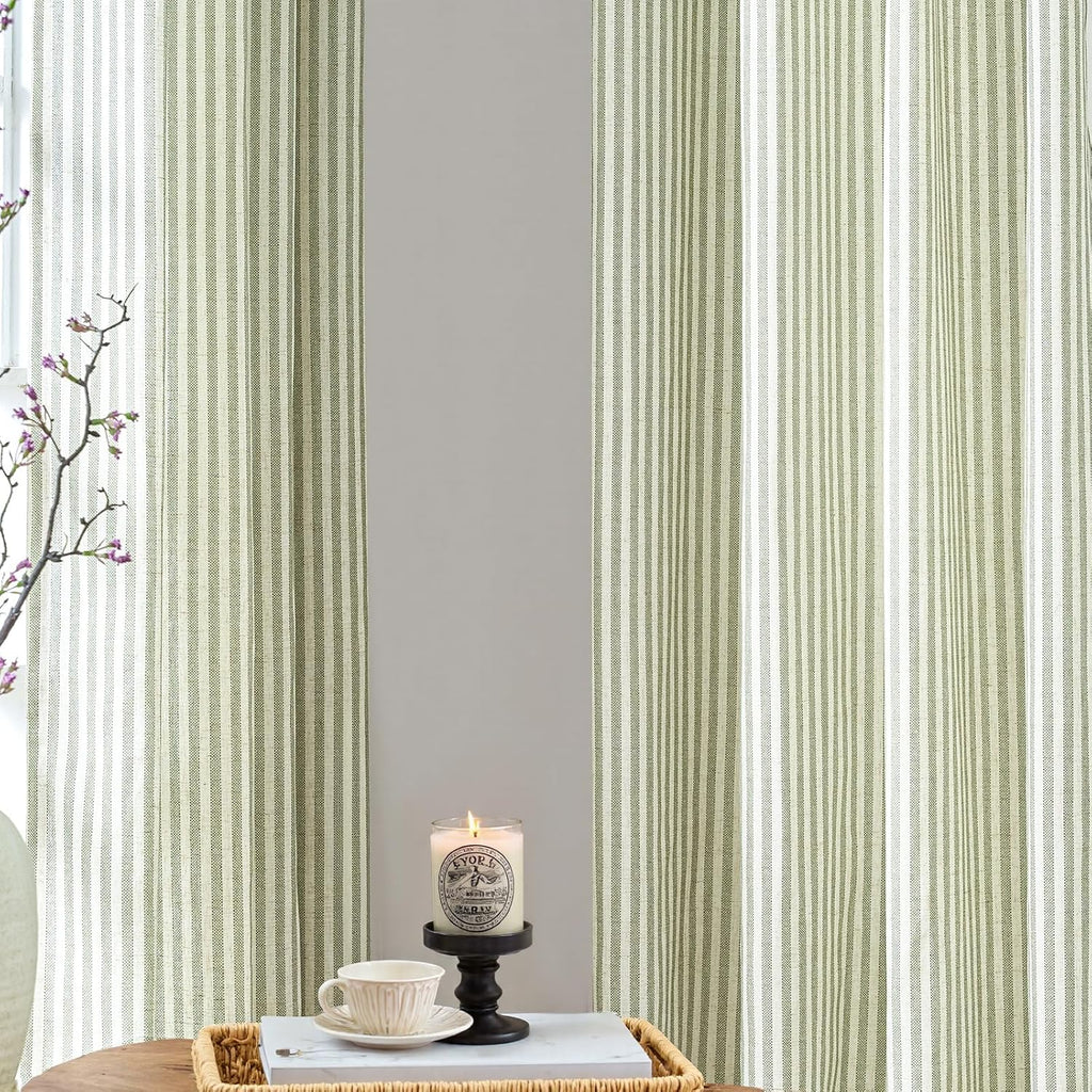 Linen Curtains for Living Room Sage Green on Beige Striped Curtains for Bedroom Ticking Stripe Pattern Light