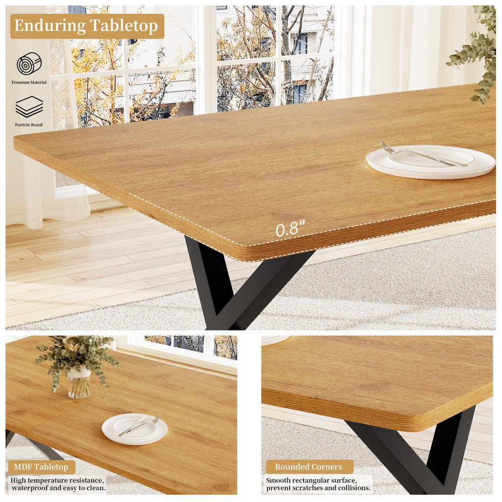 7-Piece Dining Table Set for 6 People, 63" MDF Kitchen Table with 6 Upholstered Chairs, Metal Legs (Oak Table+6