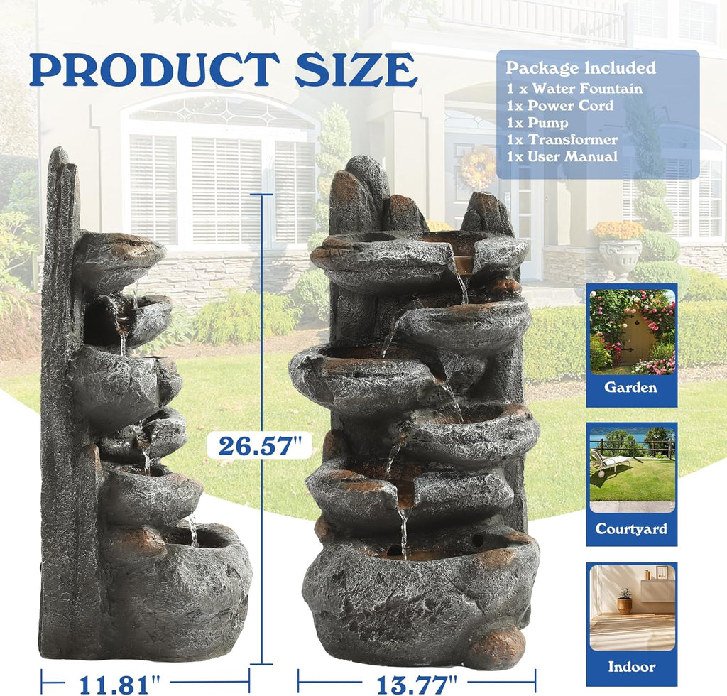 Outdoor Cascading Rock Water Fountain, 6-Tier Fountain and Waterfall | Garden Freestanding Resin Waterfall Feature