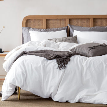 Duvet Cover, 100% Washed Cotton Linen Feel Super Soft Comfortable, 3-Piece White Duvet Cover Bedding