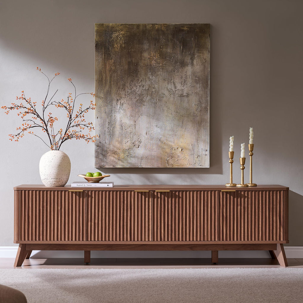70" Mid Century Modern Fluted TV Stand, 4-Door Storage, Light Walnut