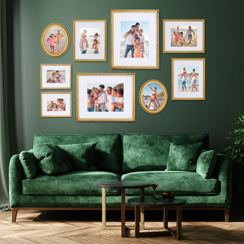 Mixed Gallery Wall Frame Set, (2) 16x20 Inch, (1) 11x14 Inch, and (2) 8x10 Inch, 9 Piece, Brass