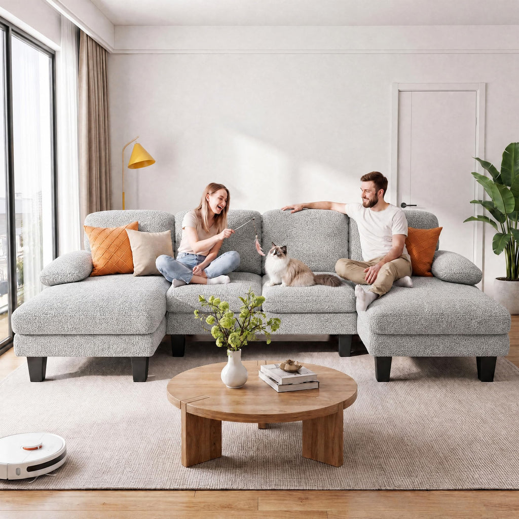 105" U-Shaped Sectional Couches, Sofa Couch with Double Chaise, Grey