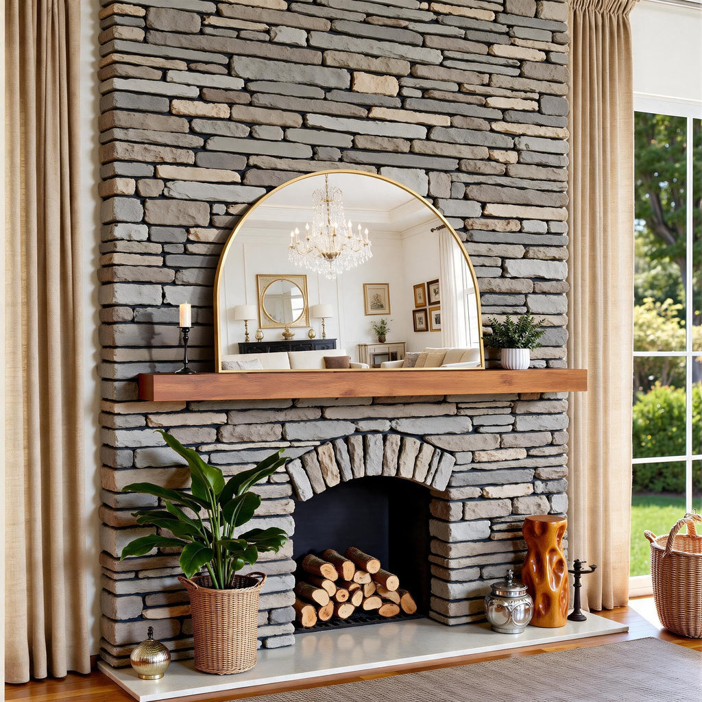 Arched Wall Mirror 40"x30", Gold Arched Mirror &Mantel