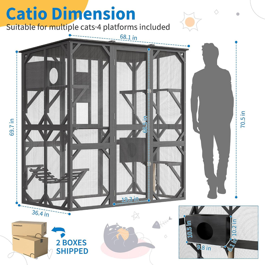 70'' Large Walk-in Catio, Outdoor Wood Cat Enclosure Window Access for Multiple Cats with Asphalt Roof, Feral Cat
