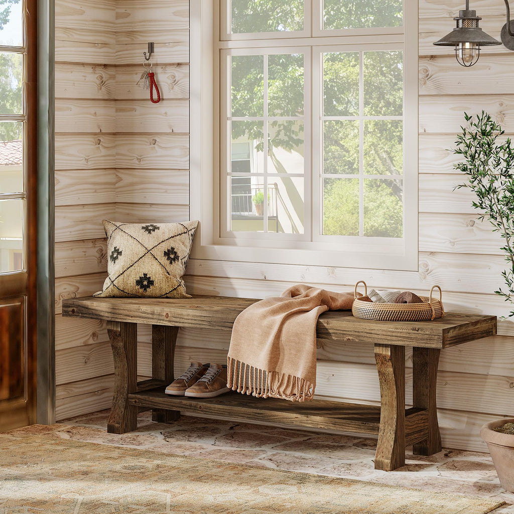 Solid Wood Storage Bench, Farmhouse Entryway Bench, Long Indoor Dining Seat, Easy Assembly, Dark Brown