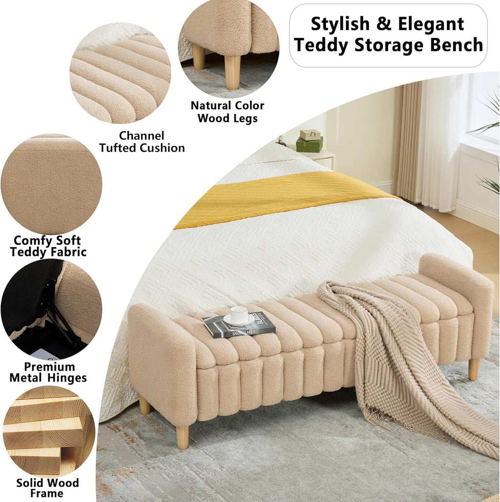 Teddy Ottoman Bench with Storage,63.4" Armed Long Storage Benches for Bed End King Size,Channel Tufted Bedside Bench