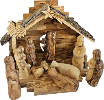 Land Market Traditional Olive Wood Nativity Set - Antique Style Bethlehem Stable, 12 Handmade Pieces - Christmas