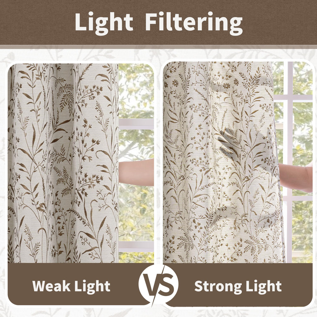 Brown Fall Curtains - Linen Jacquard Botanical Branch Vintage Cottage Core Light Filtering French Country Rustic