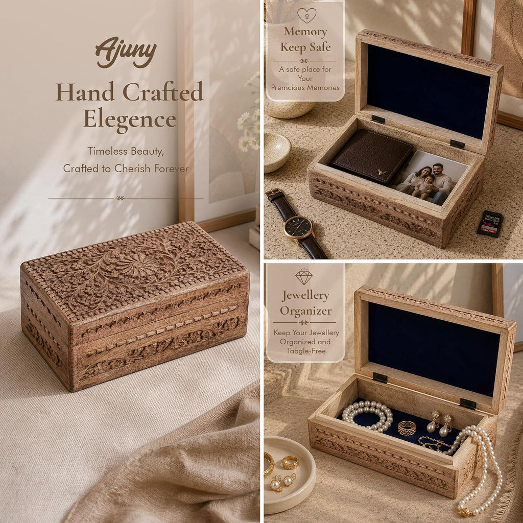 Wooden Jewelry Box Flower Carved Decorative Chest Storage 10 Inch