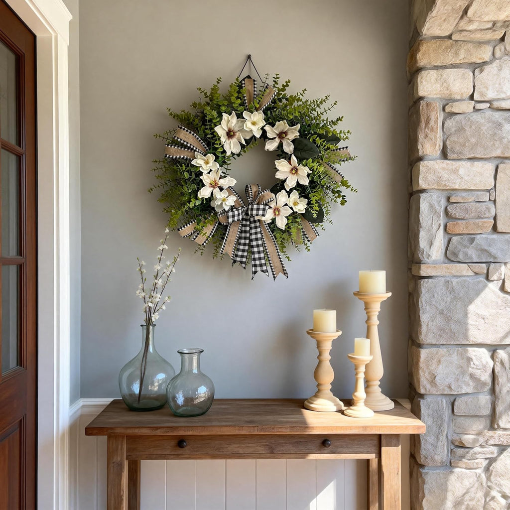 24 Inch Artificial Magnolia Wreath for Front Door - Farmhouse Boxwood Greenery Wreath with Buffalo Plaid Bow