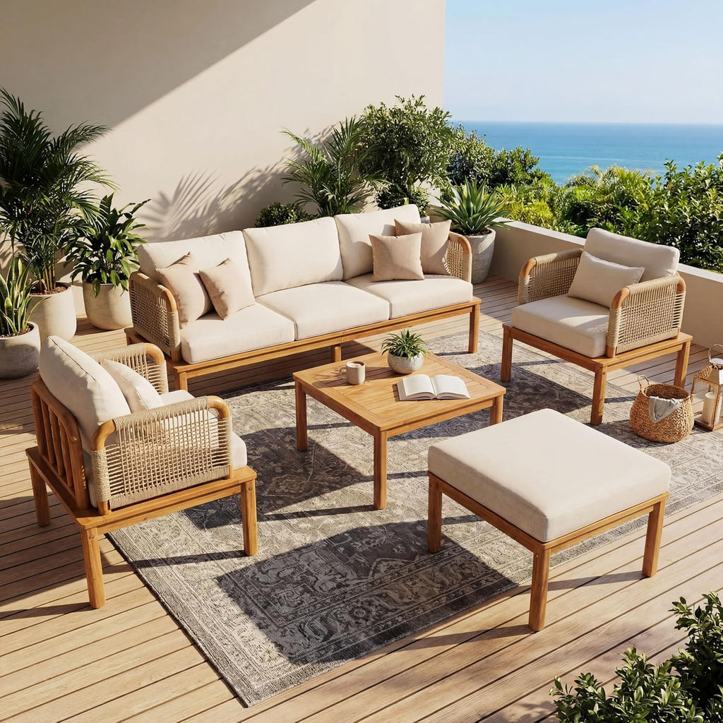 Outdoor 5-Piece Acacia Wood & Rope Patio Sofa Set with Ottoman & Table, Water-Repellent Cushions, for Garden & Patio