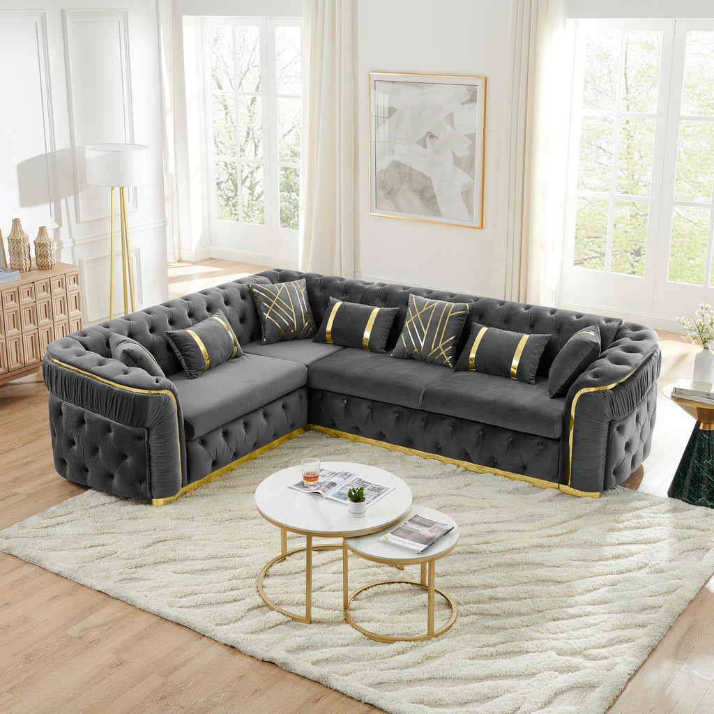 111" L-Shaped Luxury Velvet Chesterfield Sectional Sofa with Gold Stainless Steel Accents and 7 Pillows, Mid-Century