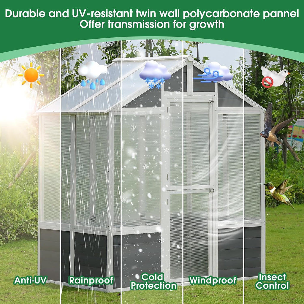 Wooden Greenhouse for Outdoors, Large Polycarbonate Greenhouse with Wooden Base, Lockable Door & 2 Shelves, Heavy