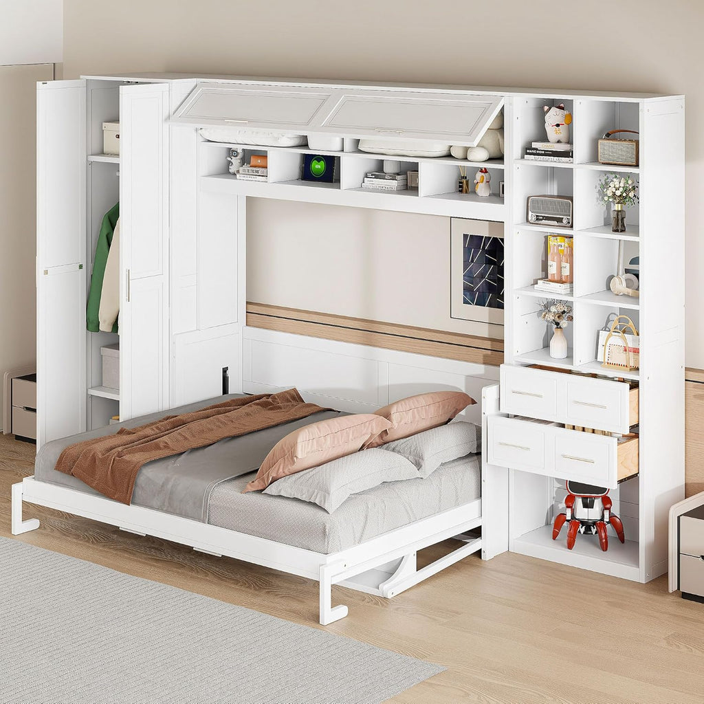 Queen Horizontal Murphy Bed with Desk, Folding Murphy Bed Cabinet with Wardrobe Storage Drawers and Shelves, Hideaway