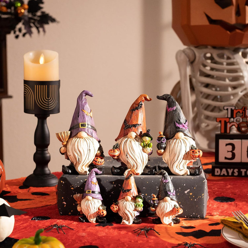 Gnomes Halloween Decorations Indoor, Resin Gnome Decor with Bat Witch Hat, Halloween Figurines Elf Dwarf - Set of 3