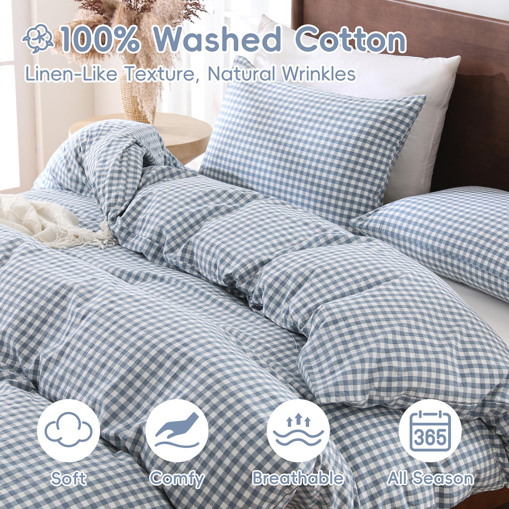 Cotton Pale Blue Gingham Duvet Cover Bedding Set Linen Like