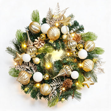 24-Inch Pre-Lit Christmas Wreath with 20 Battery-Operated LED Lights - Artificial Magnolia, Poinsettia & Gold White
