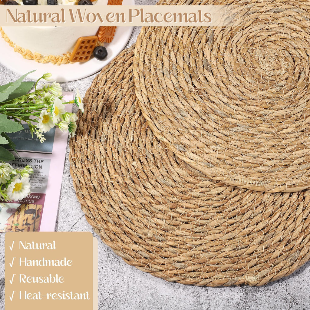 24 Pcs 13.8'' Round Bulrush Placemats, Natural Hand Woven Table Mats