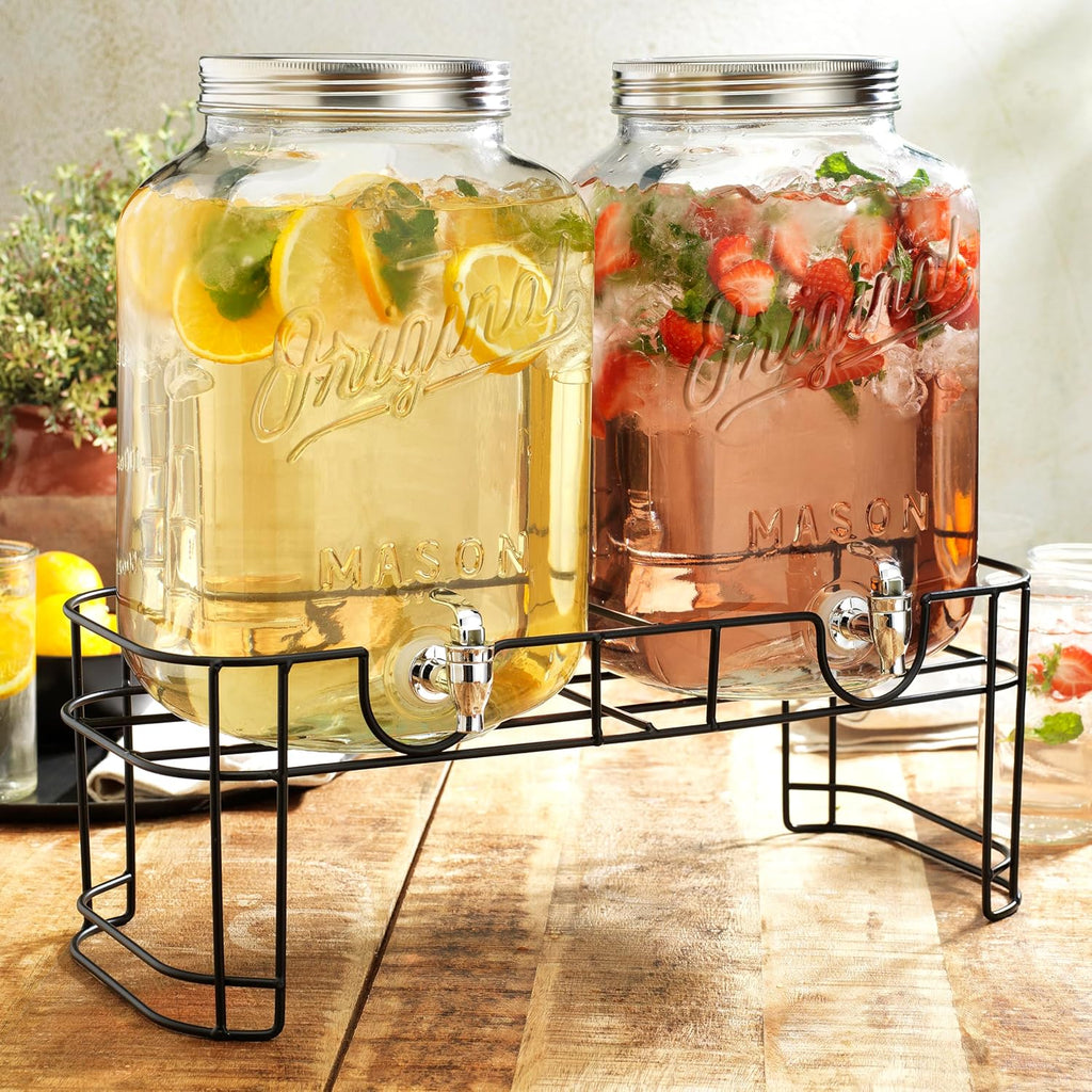GALLON - 2 PACK for Parties, Mason Jar Beverage Dispensers with Metal Stand, Glass Water Dispenser with Spigot - Set of 2