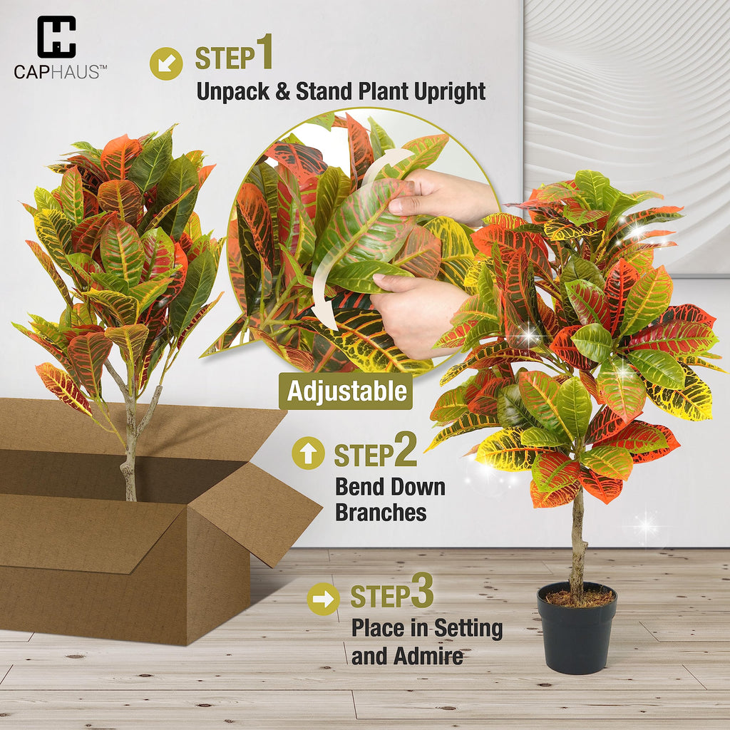 36 Inch Artificial Croton Tree Potted Plant - UV Resistant Faux Topiary Plant, Low Maintenance Realistic Indoor