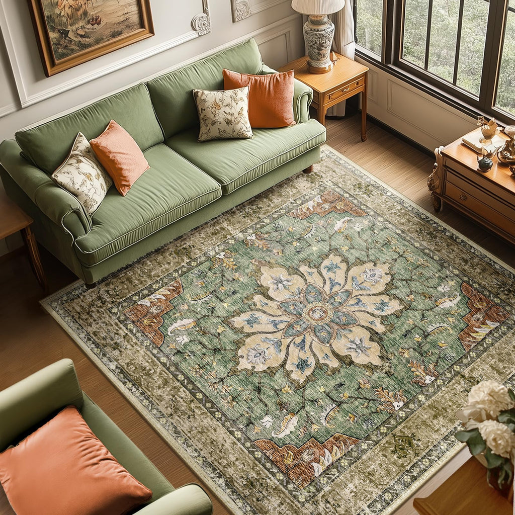Washable Area Rug, Square 6'x6', Brick/Brown/Green