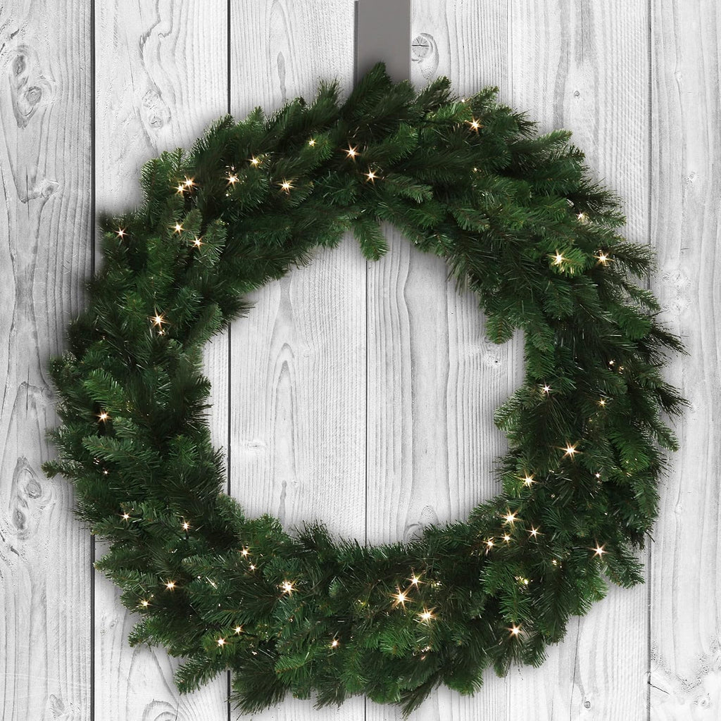 48-Inch Pre-Lit Evergreen Pine Wreath, 360 Lifelike Green Tips with 150 Battery LED Lights, Perfect Indoor/Outdoor