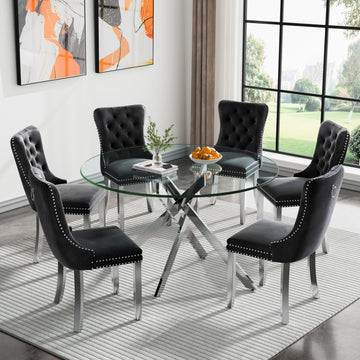 7-Piece Round Glass Dining Table Set for 6, 47" Circle Kitchen Table with 6 Black Velvet Chairs Modern Silver Glass