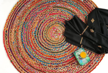 Jute Cotton Area Rug 5ft Round Natural Handwoven Colorful Boho Rug | Jute & Cotton Chindi Braided Rag Rug Multi