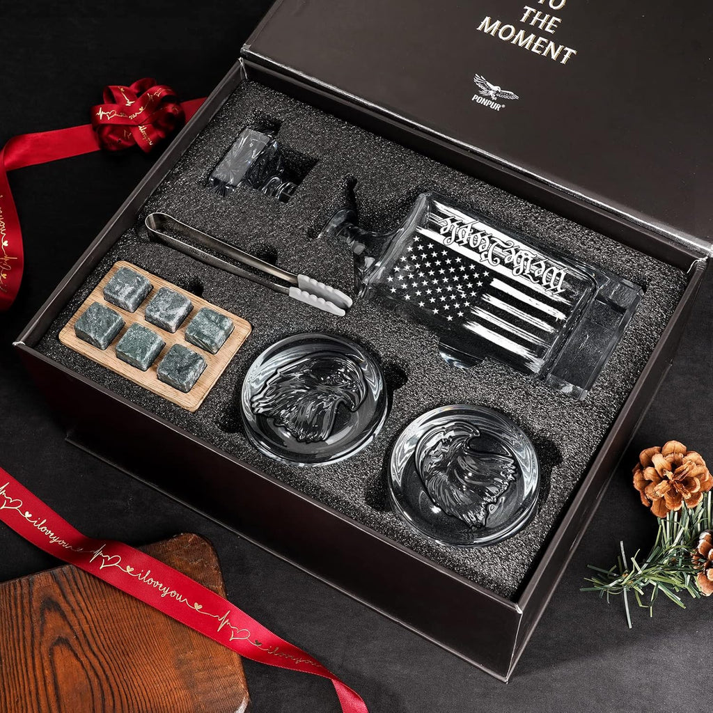 Whiskey Decanter Engraved We The People American Flag, 750ml Whiskey Decanter Set with 2 Glasses, Fathers Day