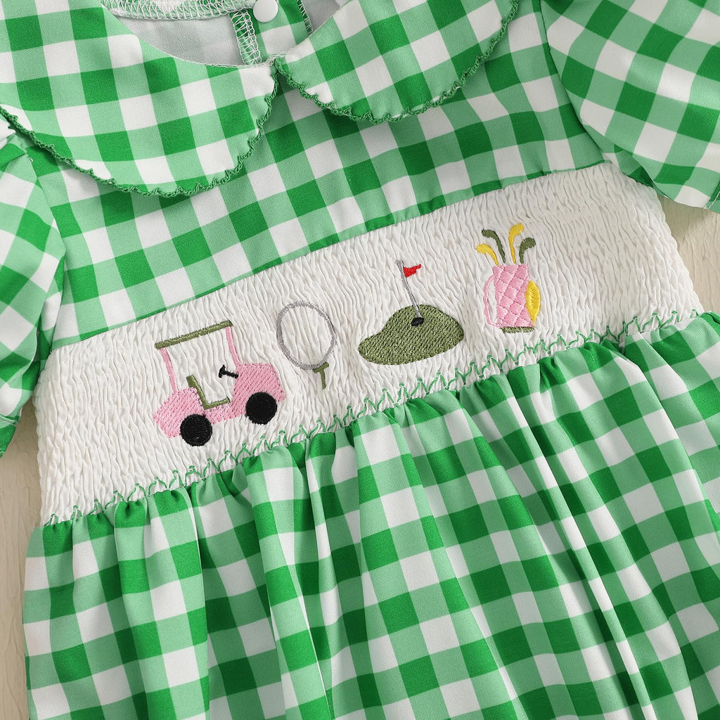 Girl Golf Outfit Plaid Print Short Sleeve Lapel Golf Romper Smocked Bodysuit Cute Newborn Girl Coming Home