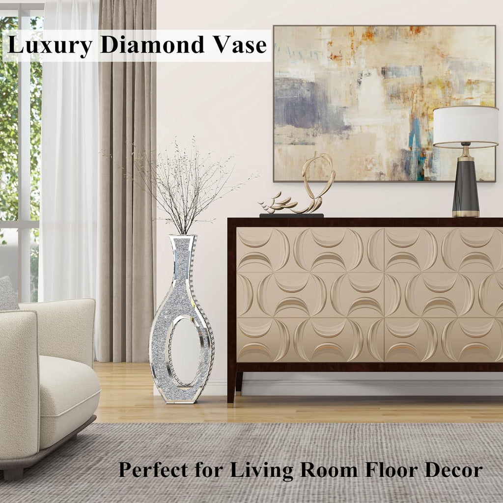 Floor Vase Crushed Diamond Mirrored Vase 30" Tall, Large Silver Tall Vases for Floor Crystal Hollow Decorative Glass