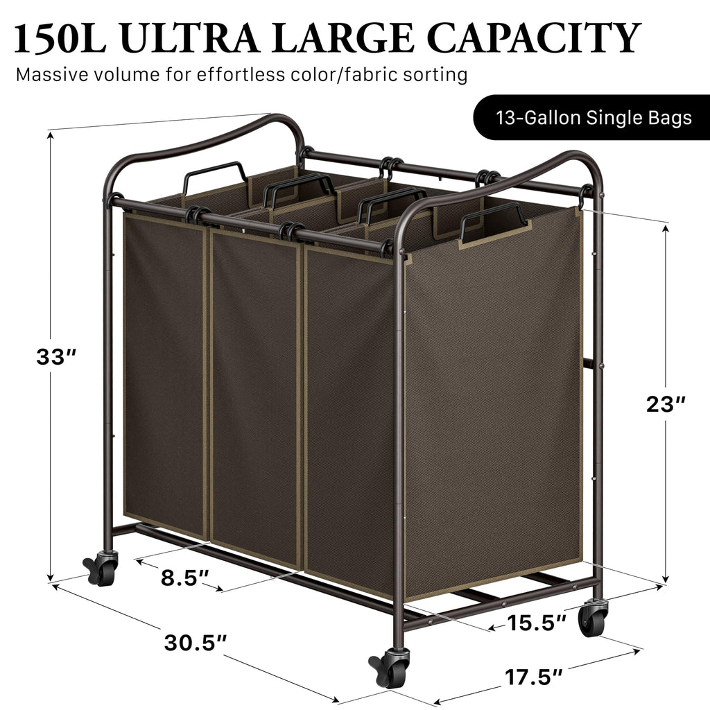 Heavy Duty 3-Bag Laundry Sorter Rolling Cart, Bronze