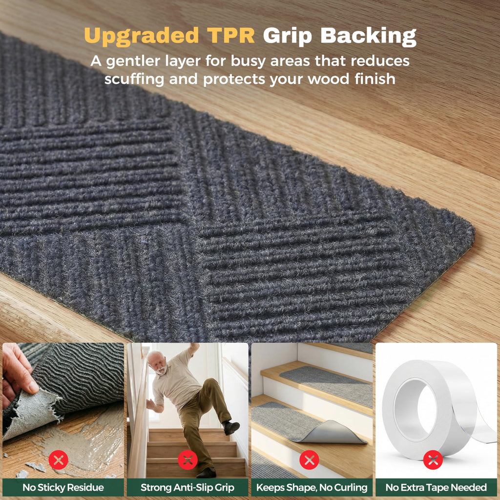 Woven Stair Treads for Wooden Steps, 15 Pack, 8" x 30", Dark Gray