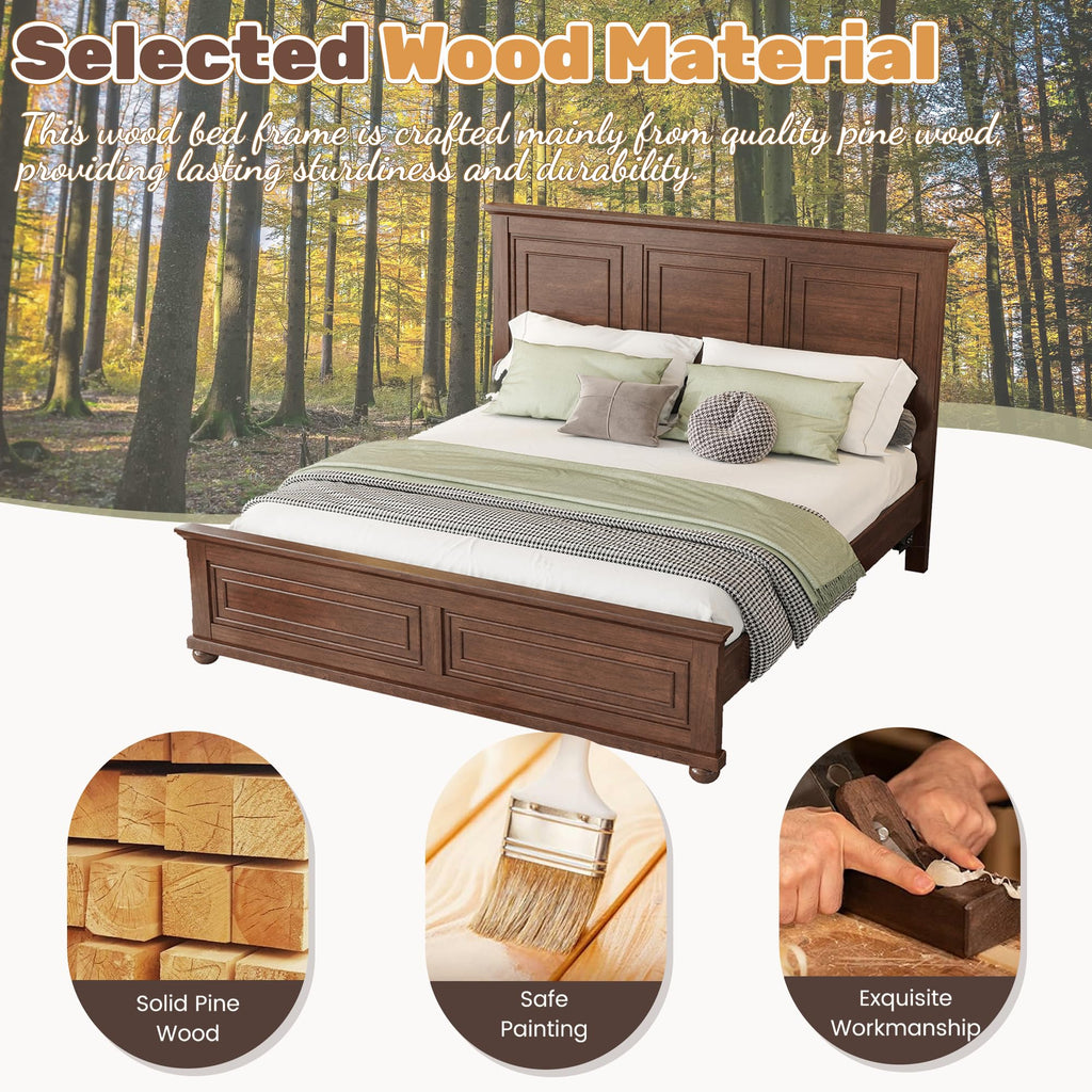Farmhouse Bed Frame Tall Headboard and Footboard, Pinewood Panel Bed with USB Charging Station and