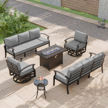 Aluminum Patio Furniture Set 8-Seat Modern Metal Outdoor Conversation Sets w/45in Propane Fire Pit Table, Swivel