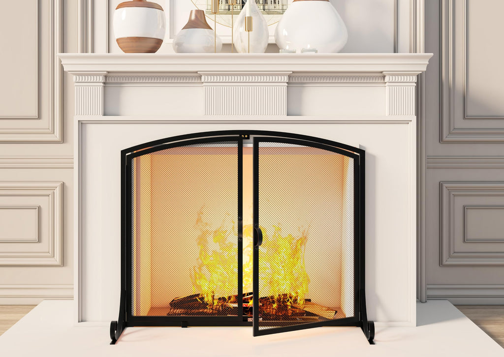 Fireplace Screen with Doors, 35" W x 28" H, Heavy Duty Solid Steel Frame, Wrought Iron Spark Guard, Baby Proof