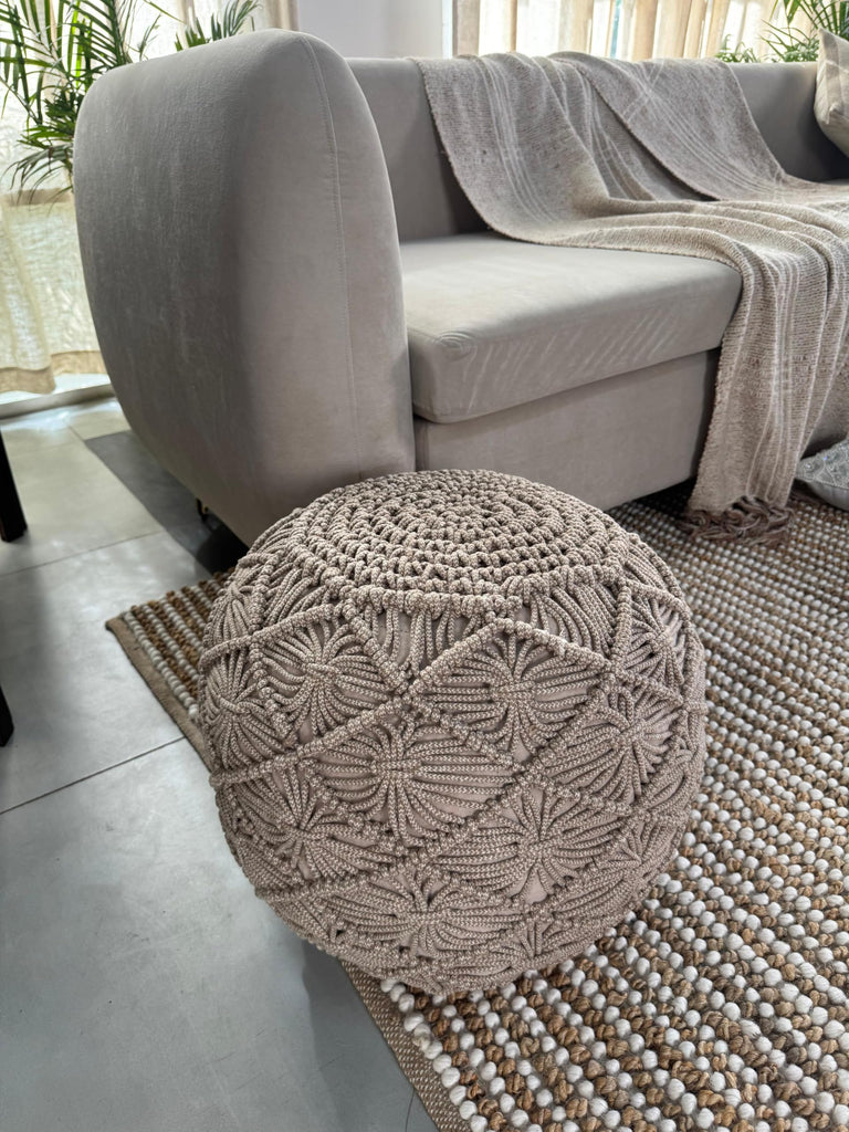 Macrame Pouf Ottoman 20x20x14 Tweed Natural Handwoven Dori Stool
