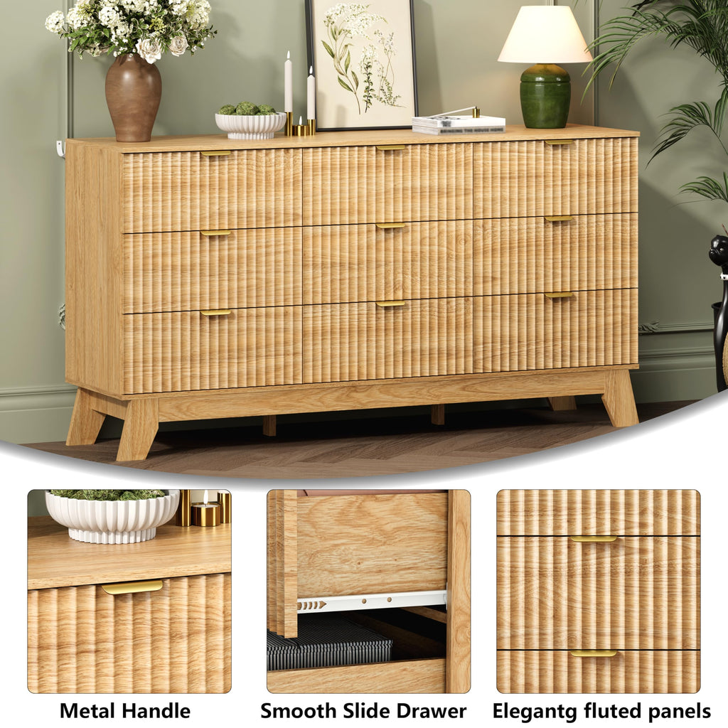 9 Drawer Fluted Dresser, Mid Century Modern Wooden Dresser with 9 Drawers, with Metal Handle, TV Stand & Storage