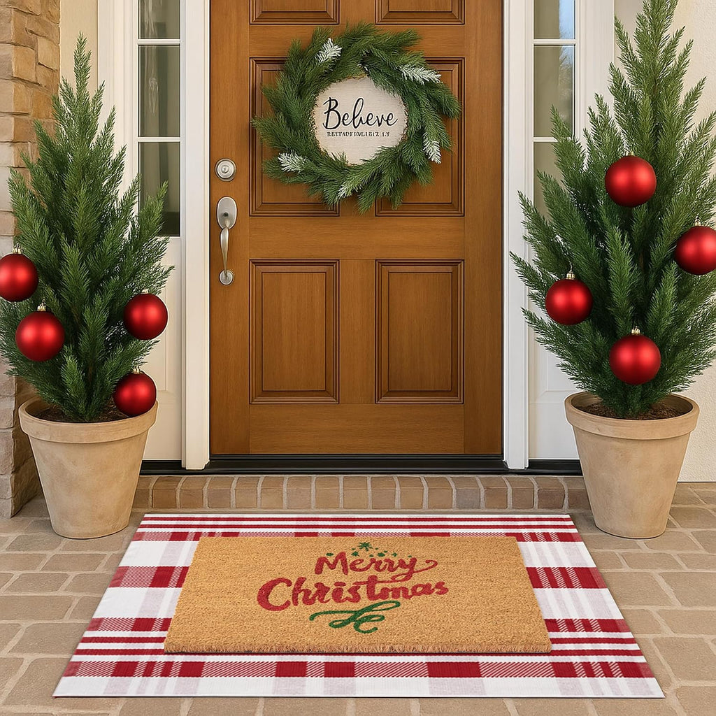 Christmas Door Mat Combo Set - 100% Coco Coir Welcome Mat + 28 x 43 Inch Red and White Diagonal Plaid Rug, New Year