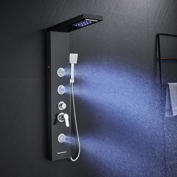 6 in 1 LED Rainfall Waterfall Shower Panel Tower System, Black