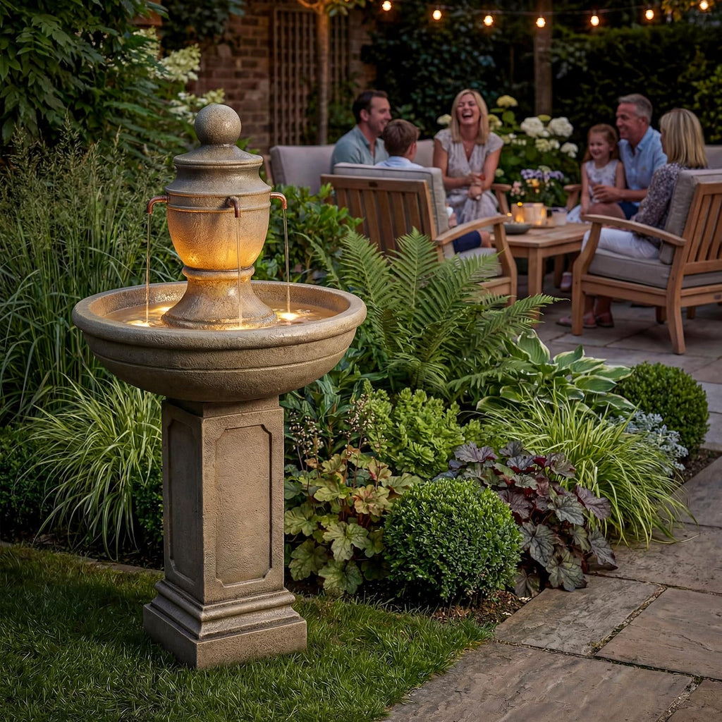 35" Outdoor Water Fountain, 2-Tier Resin Brown Garden Fountain | Modern Italian Floor Standing, with Warm Light, Home