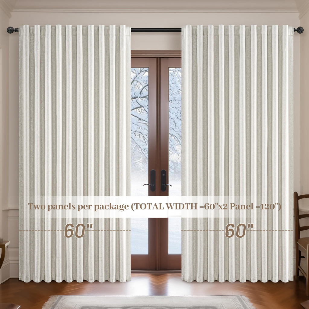 Birch Blackout Curtains 60 Inches Extra Wide Cute Linen 84 Inch Length, Boho Pleated Bedroom Cream Beige Large Window