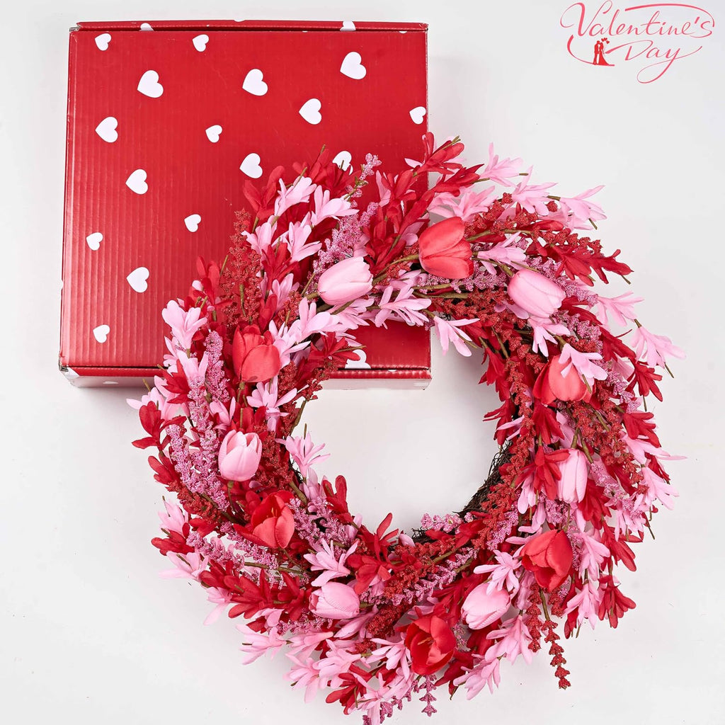 Valentines Day Decorations 22 Inch Valentine's Day Wreath Pink Flower Wreaths for Front Door with Red Tulip Pink