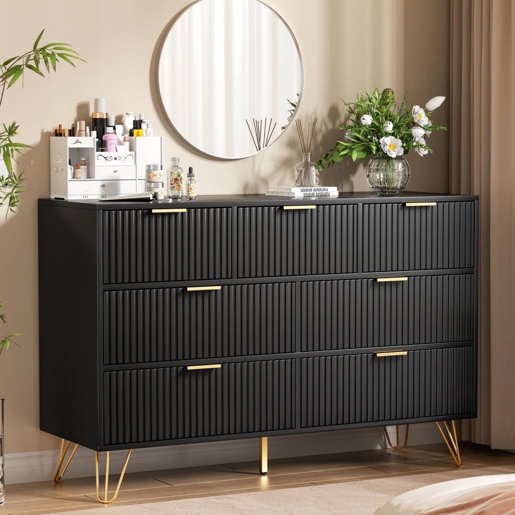 Black 7 Drawer Fluted Dresser with Gold Handles